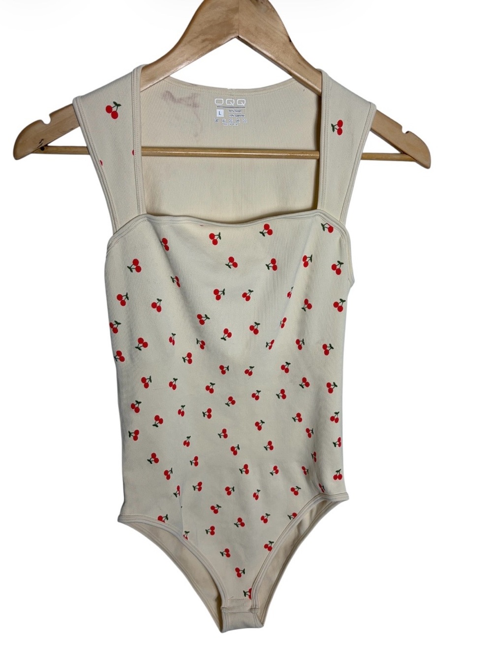 OQQ cream cherries print nylon bodysuit size L